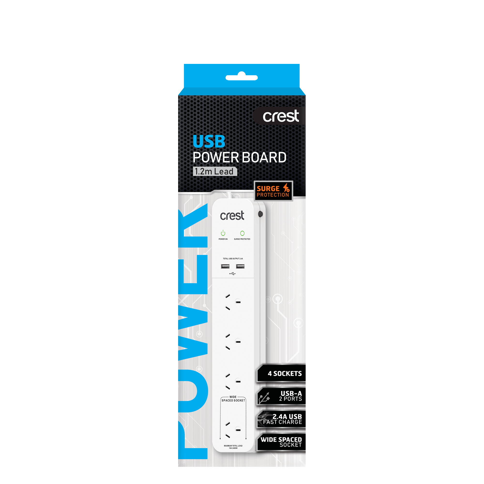 Power Board 4 Sockets with 2 USB Ports & Surge Protection