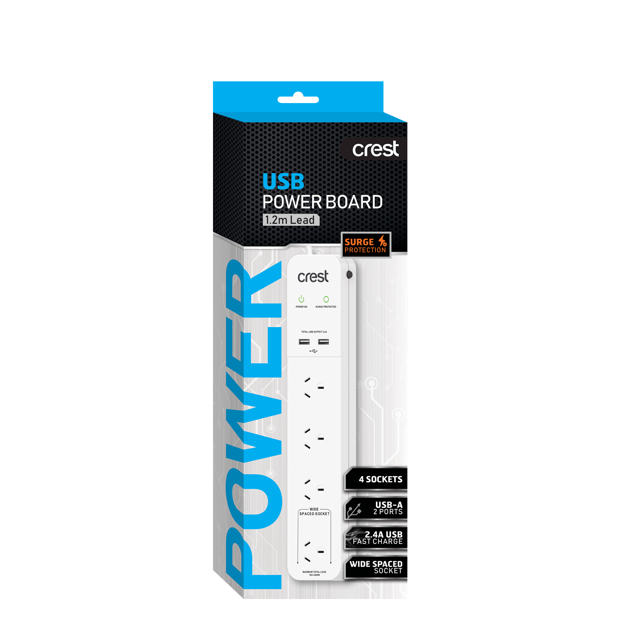 Power Board 4 Sockets with 2 USB Ports & Surge Protection