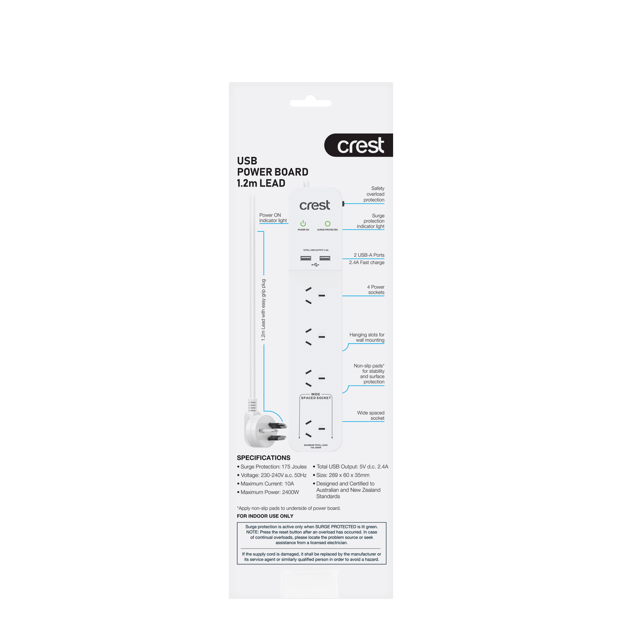 Power Board 4 Sockets with 2 USB Ports & Surge Protection