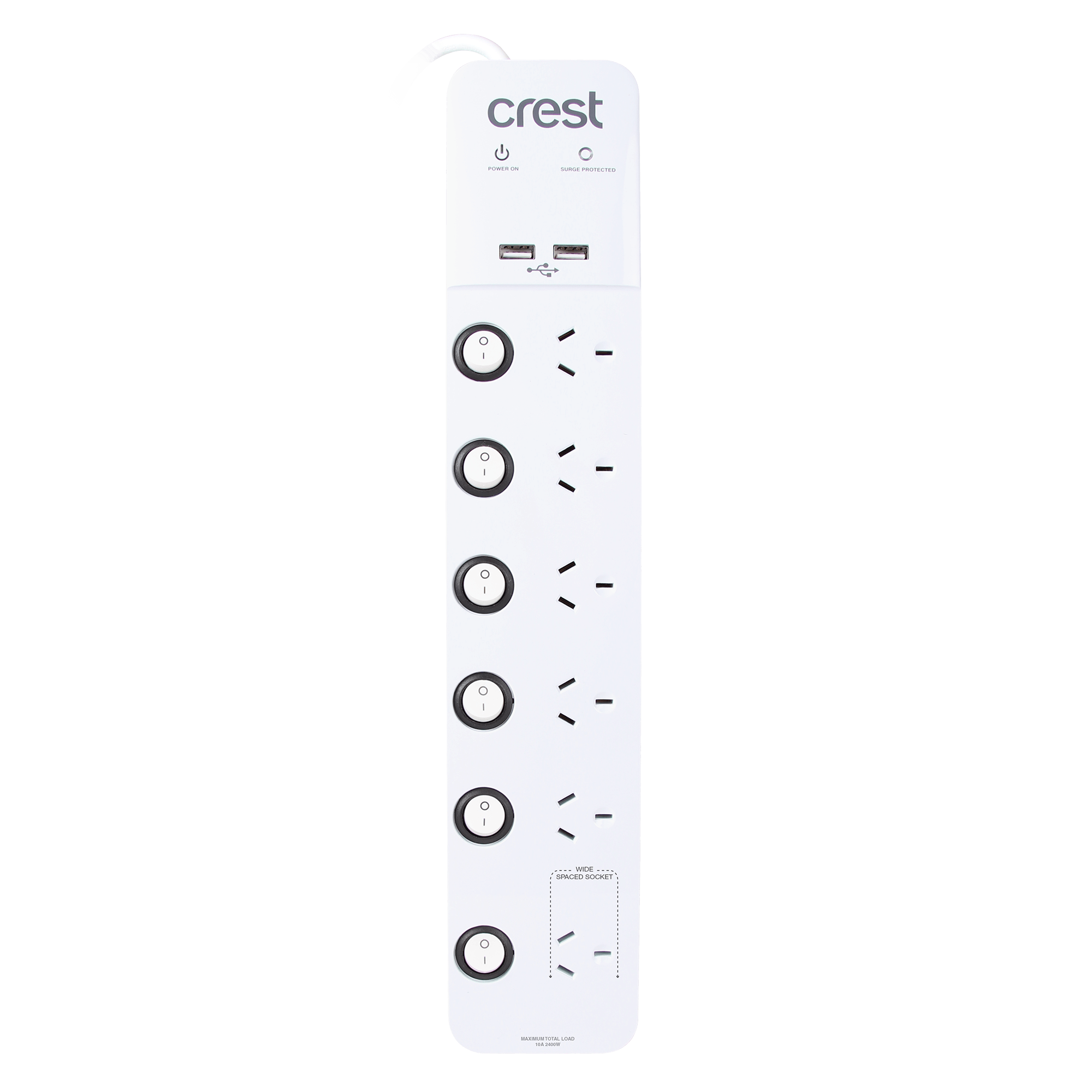 Power Board 6 Socket 6 Switch 2 USB Surge Protected