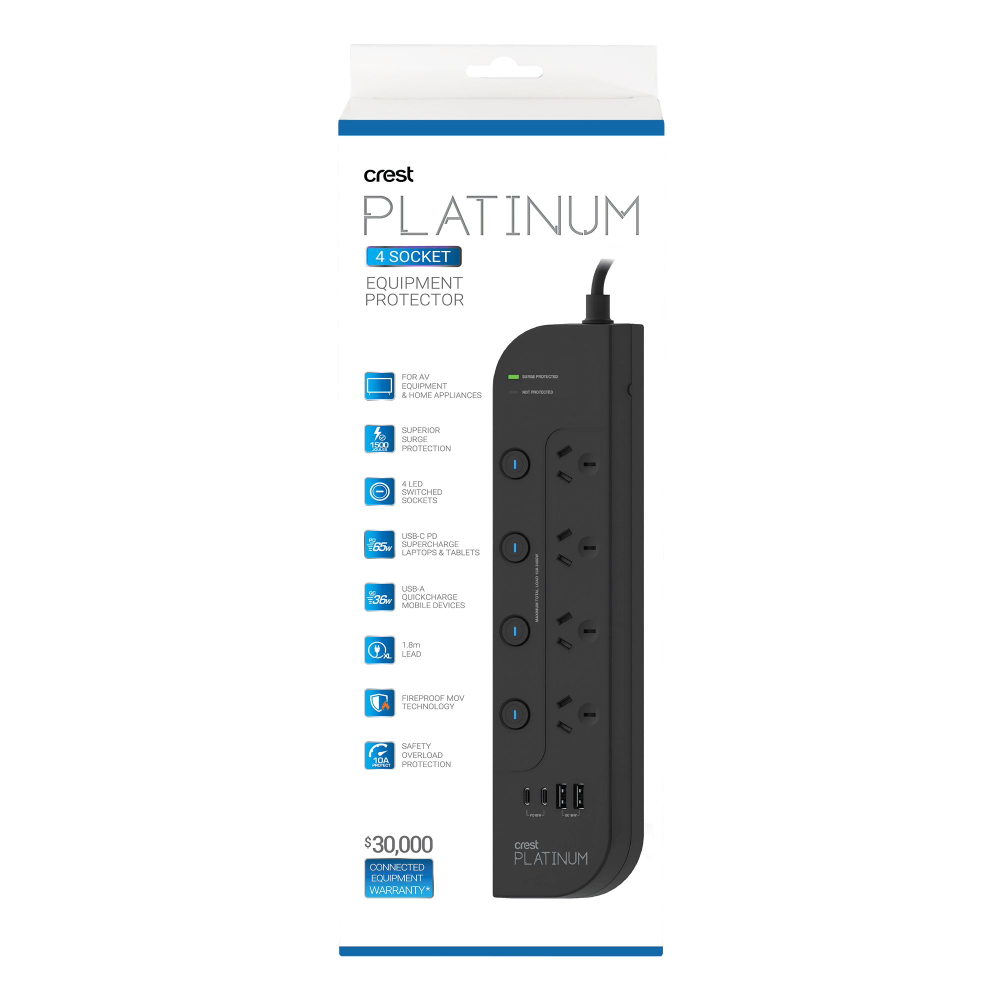 Platinum Surge Protector 4 Socket Switched Power Board with 4 USB Ports PD 65W - 1.8M