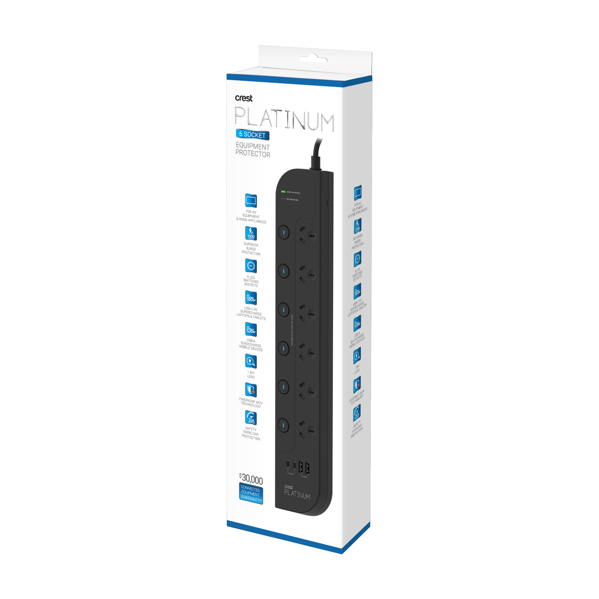 Platinum Surge Protector 6 Socket Switched Power Board with 4 USB Ports PD 65W - 1.8M