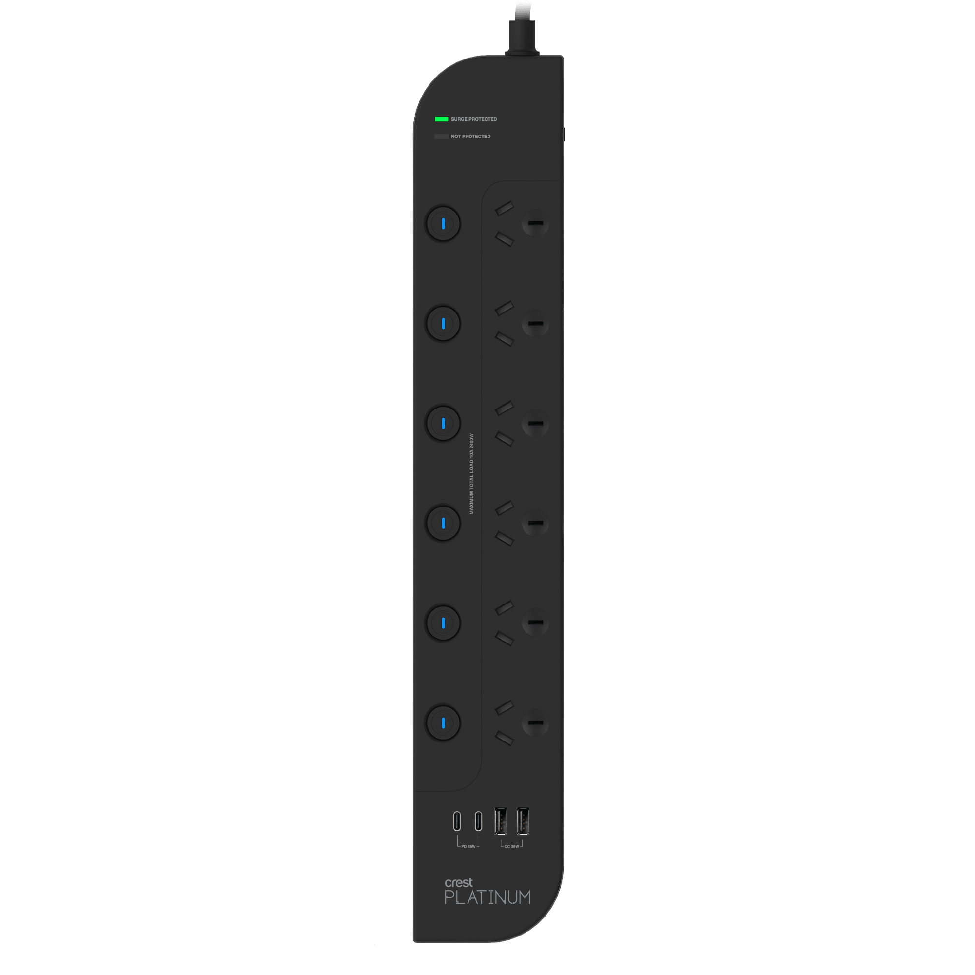 Platinum Surge Protector 6 Socket Switched Power Board with 4 USB Ports PD 65W - 1.8M
