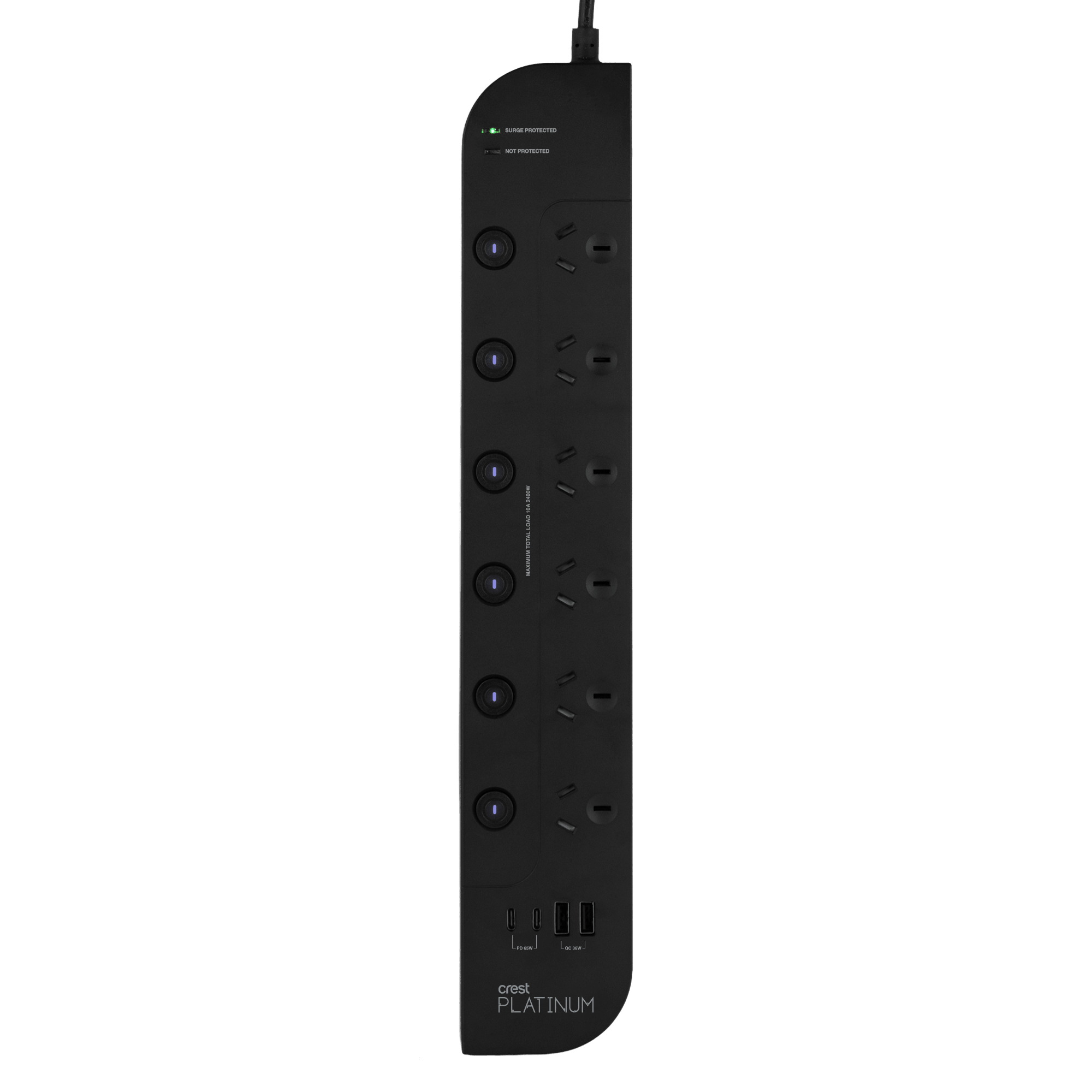Platinum Surge Protector 6 Socket Switched Power Board with 4 USB Ports PD 65W - 1.8M