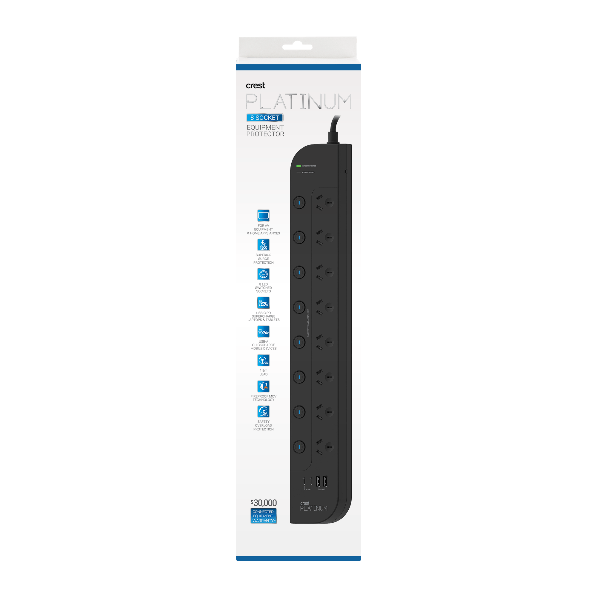 Platinum Surge Protector 8 Socket Switched Power Board with 4 USB Ports PD 65W - 1.8M