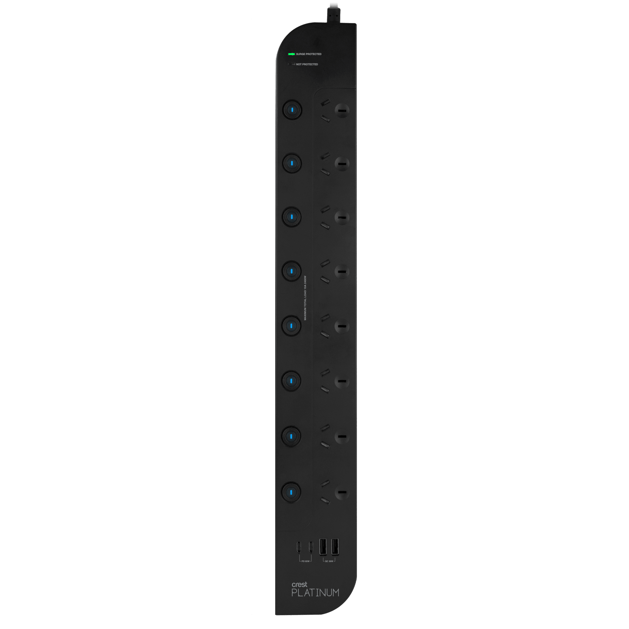 Platinum Surge Protector 8 Socket Switched Power Board with 4 USB Ports PD 65W - 1.8M