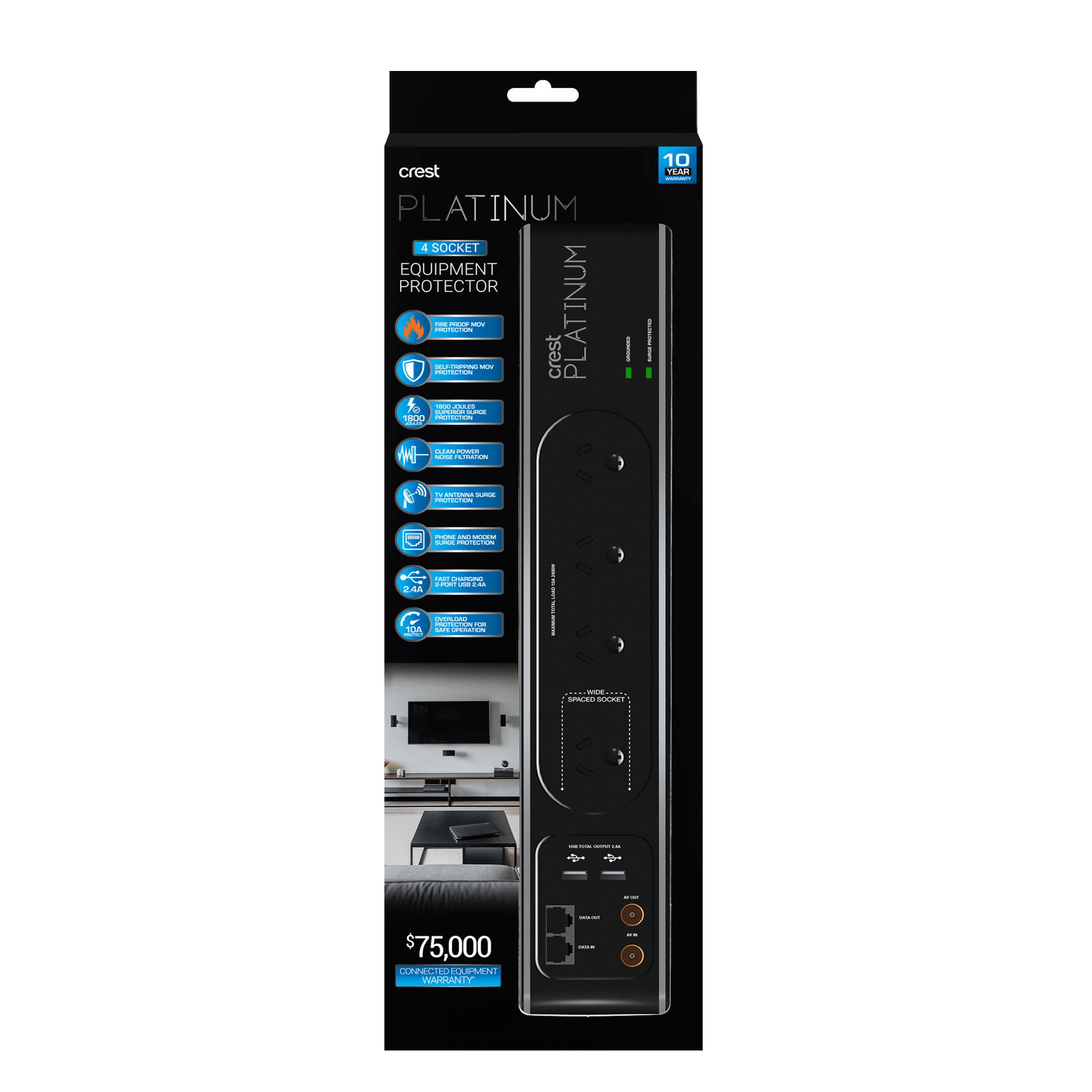 Platinum Power Board 4 Socket 2 USB Surge Coax & Data