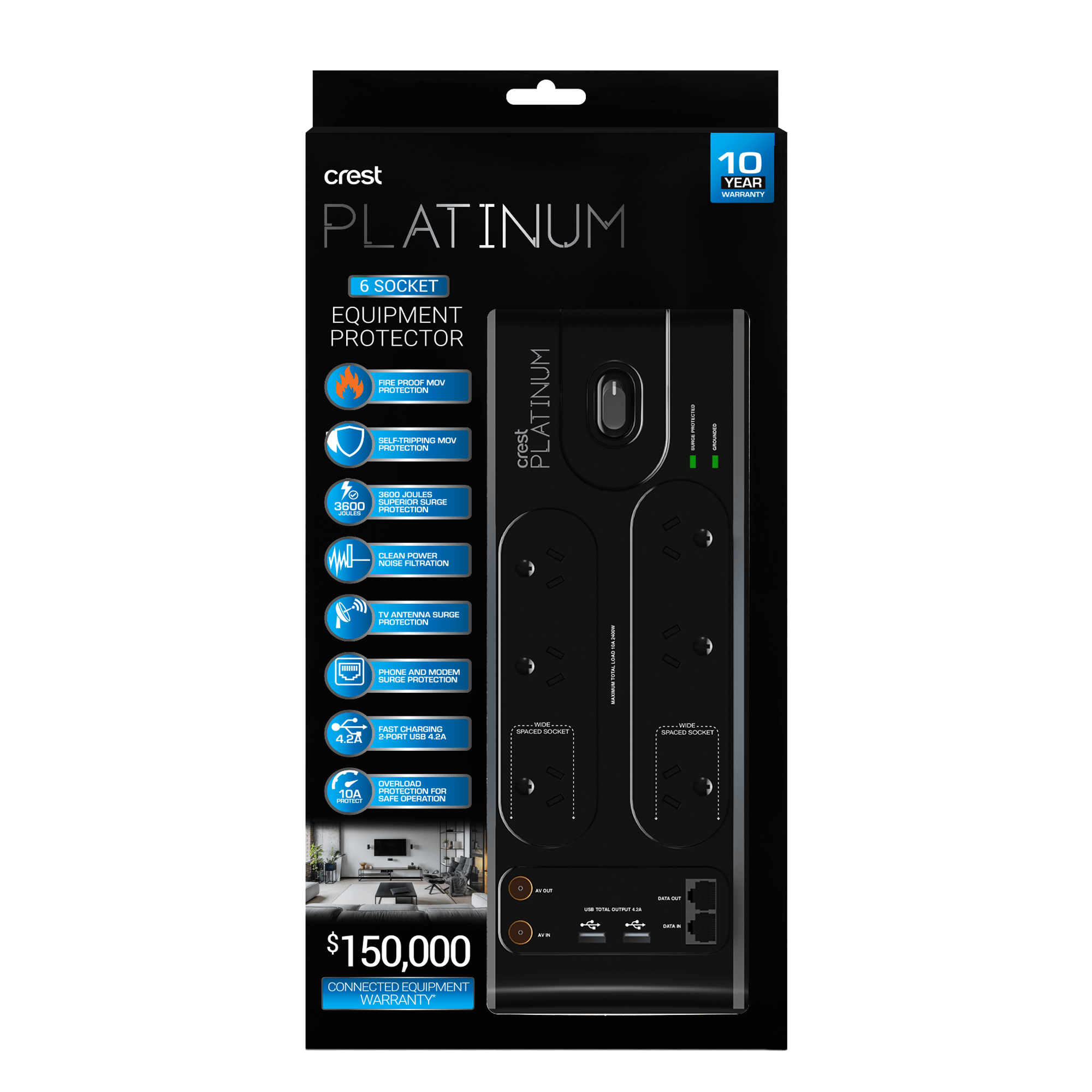 Platinum Power Board 6 Socket 2 USB Surge Coax & Data