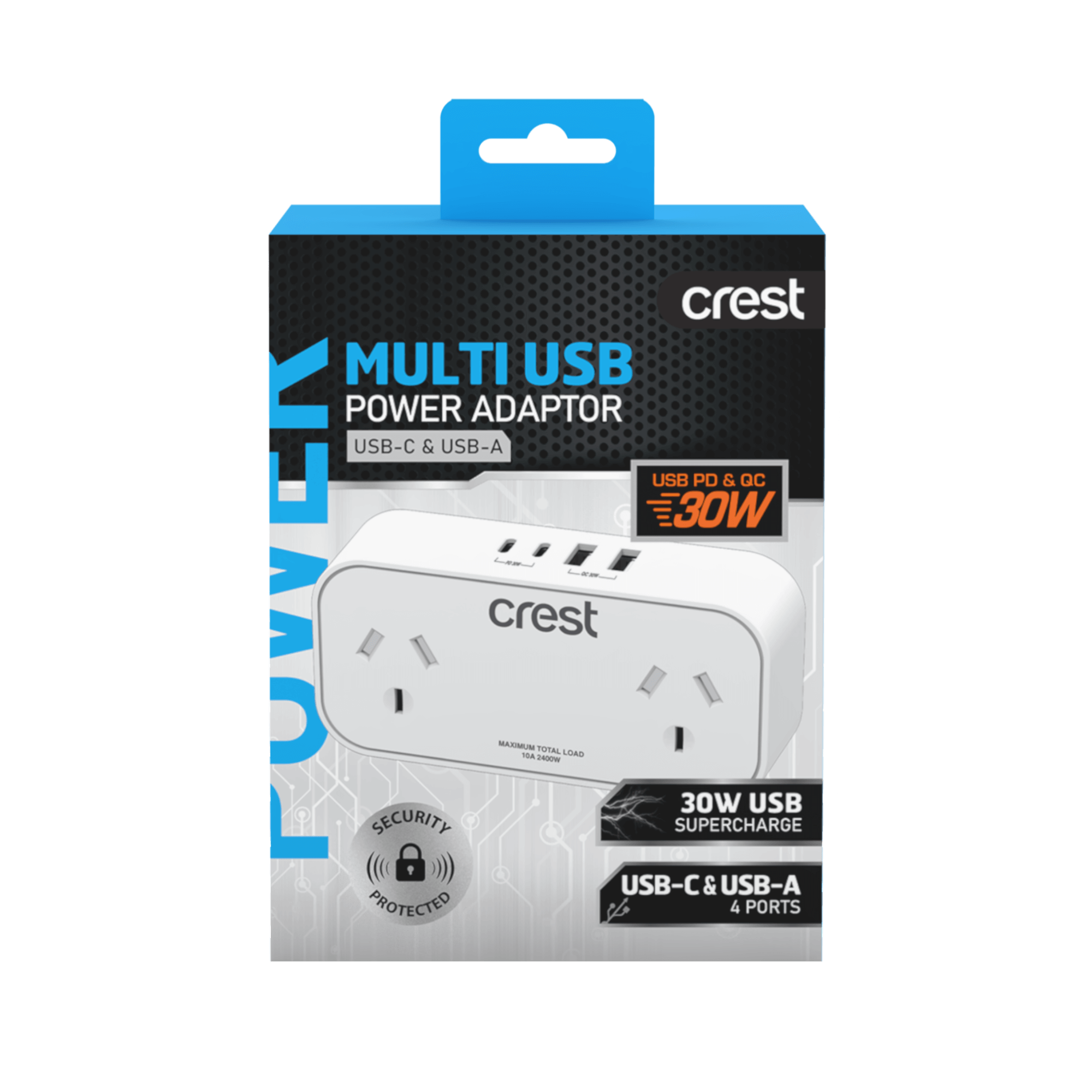 PD 30W Power Adaptor 2 Sockets with 4 USB Ports