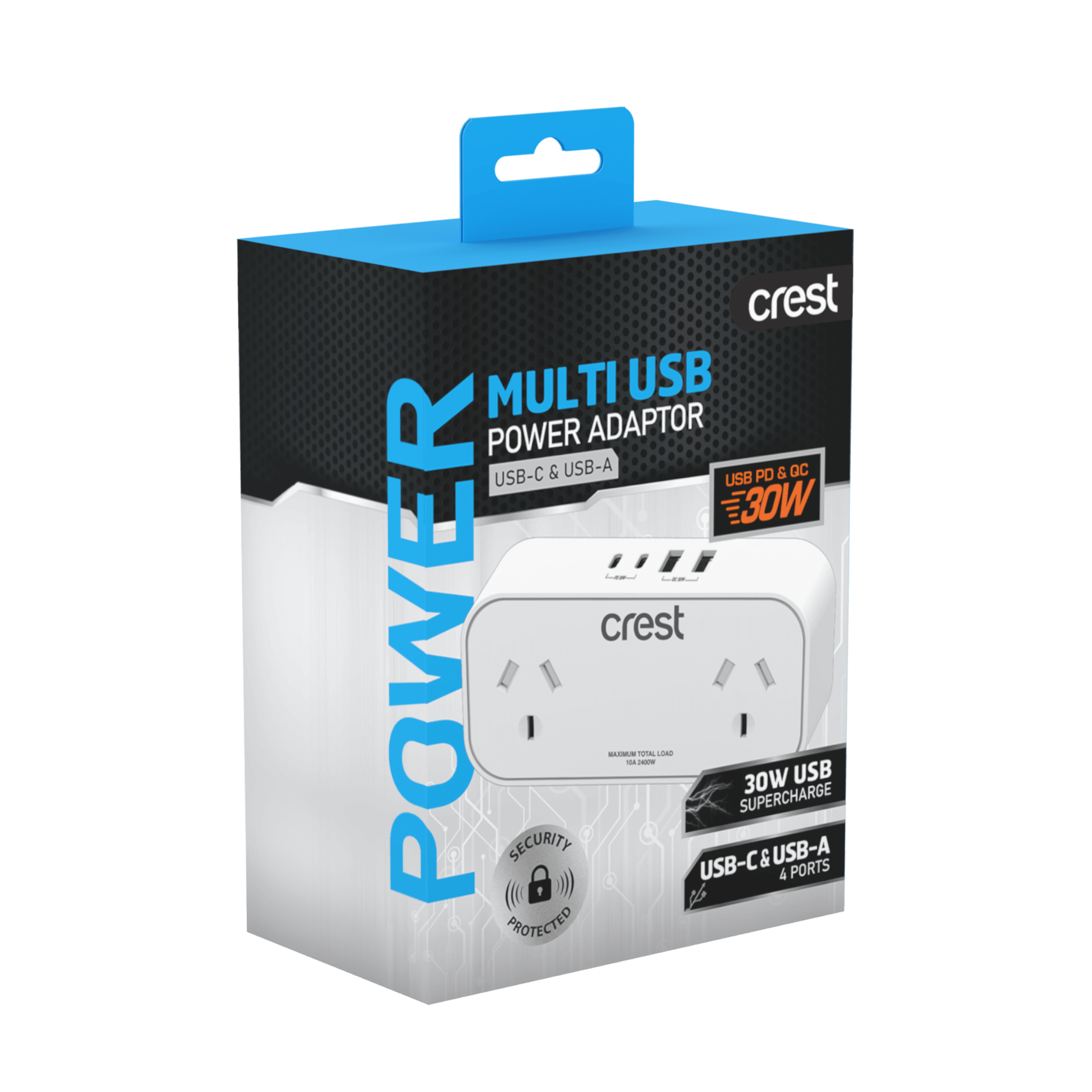 PD 30W Power Adaptor 2 Sockets with 4 USB Ports