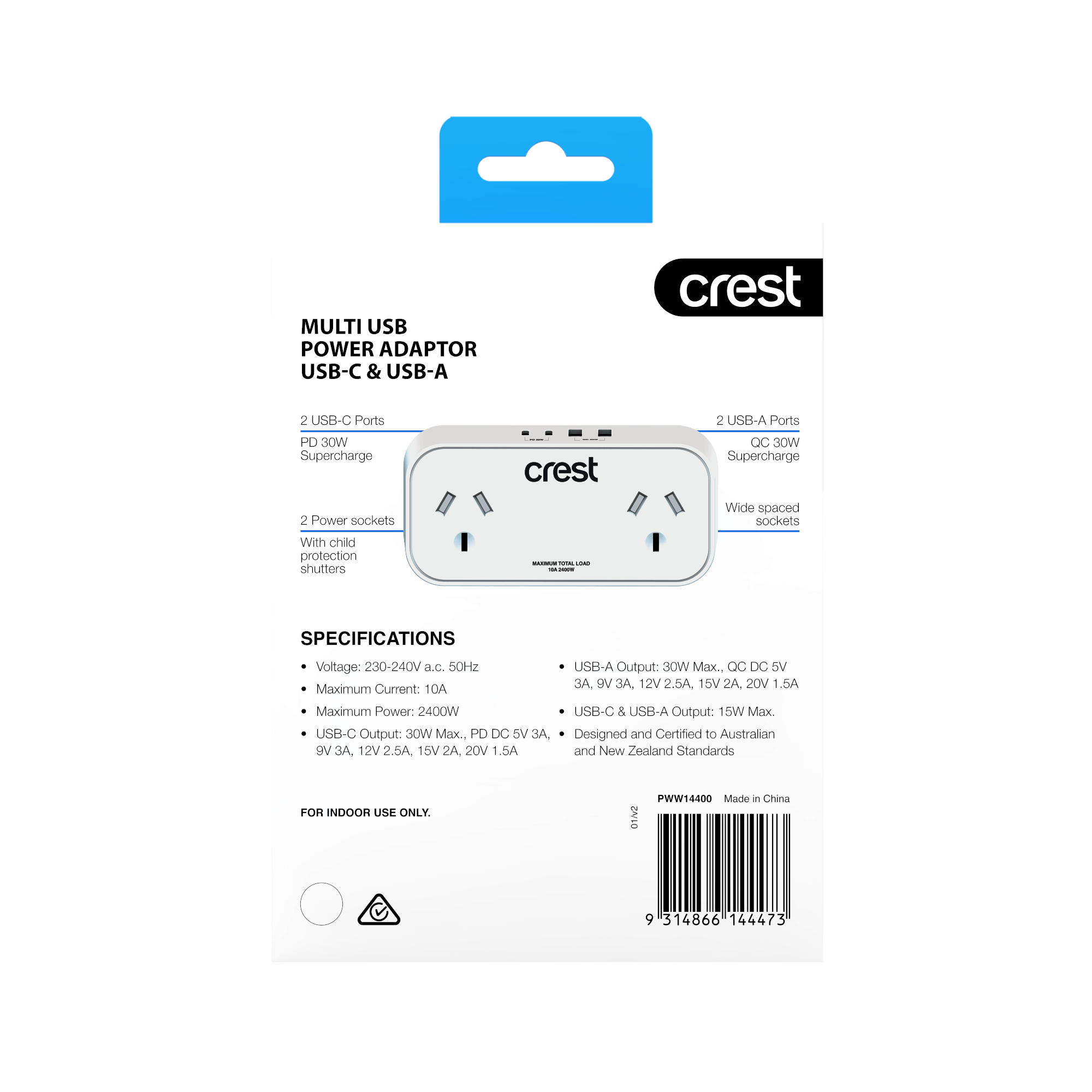 PD 30W Power Adaptor 2 Sockets with 4 USB Ports
