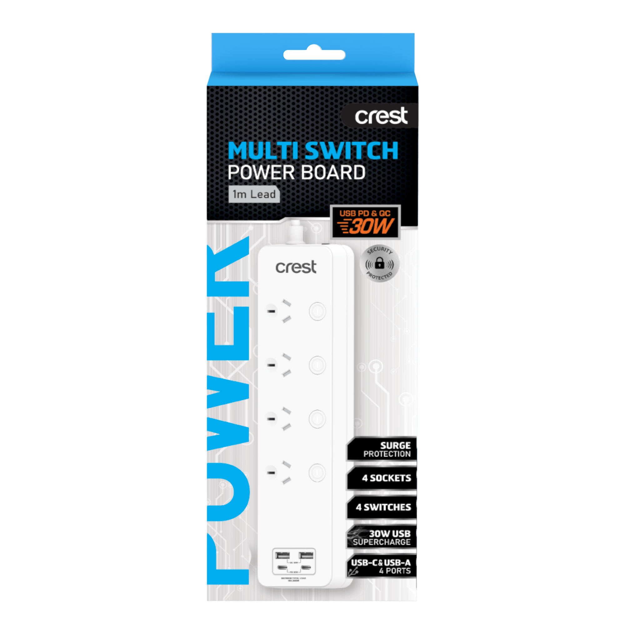 PD 30W Power Board 4 Sockets Switched with 4 USB Ports & Surge Protection