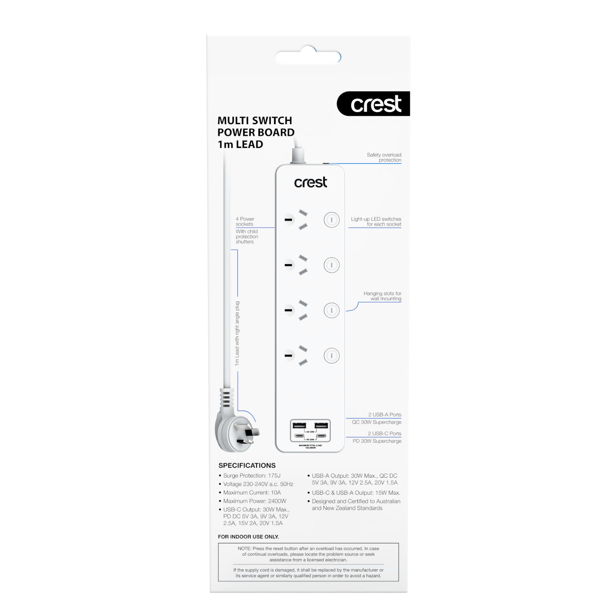 PD 30W Power Board 4 Sockets Switched with 4 USB Ports & Surge Protection