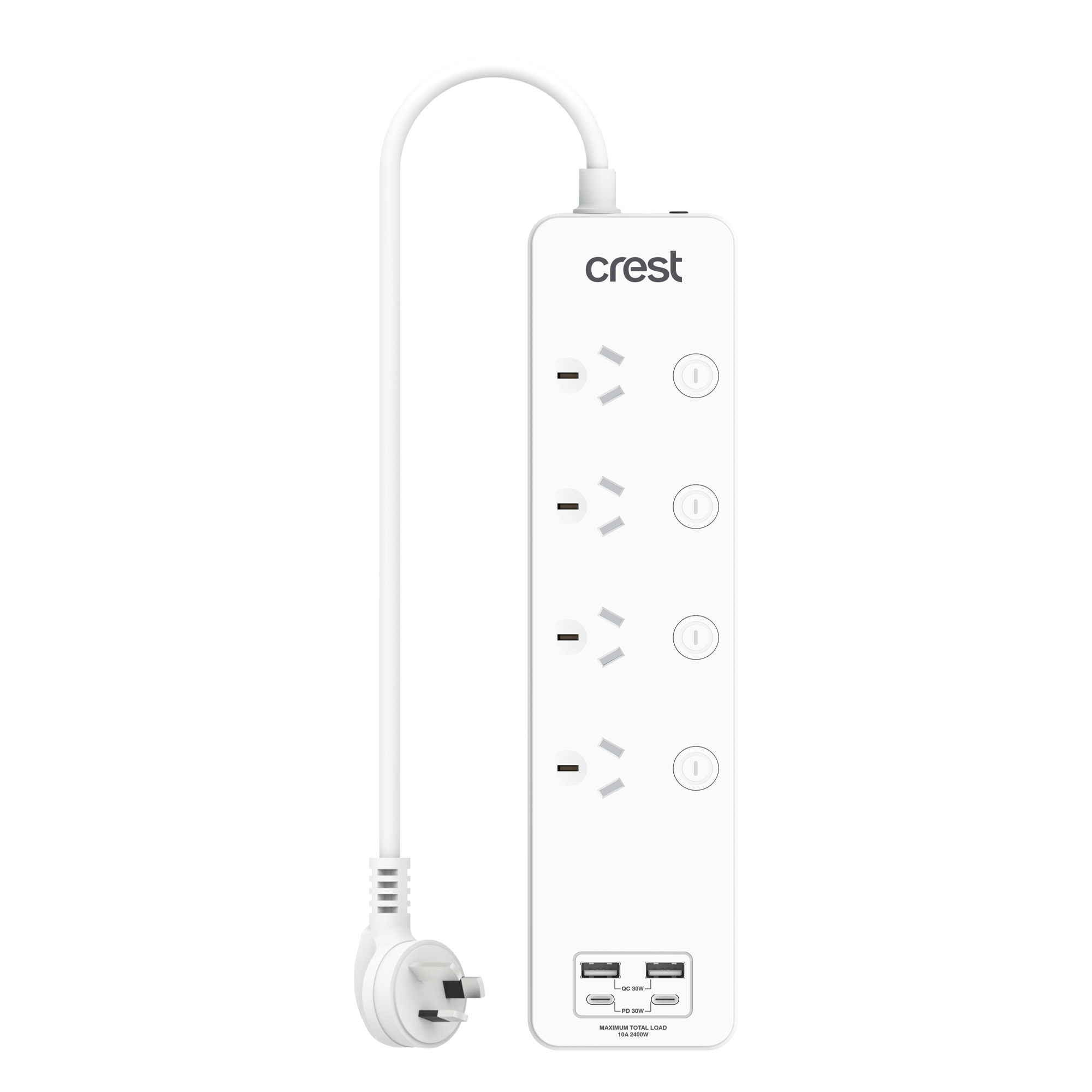 PD 30W Power Board 4 Sockets Switched with 4 USB Ports & Surge Protection