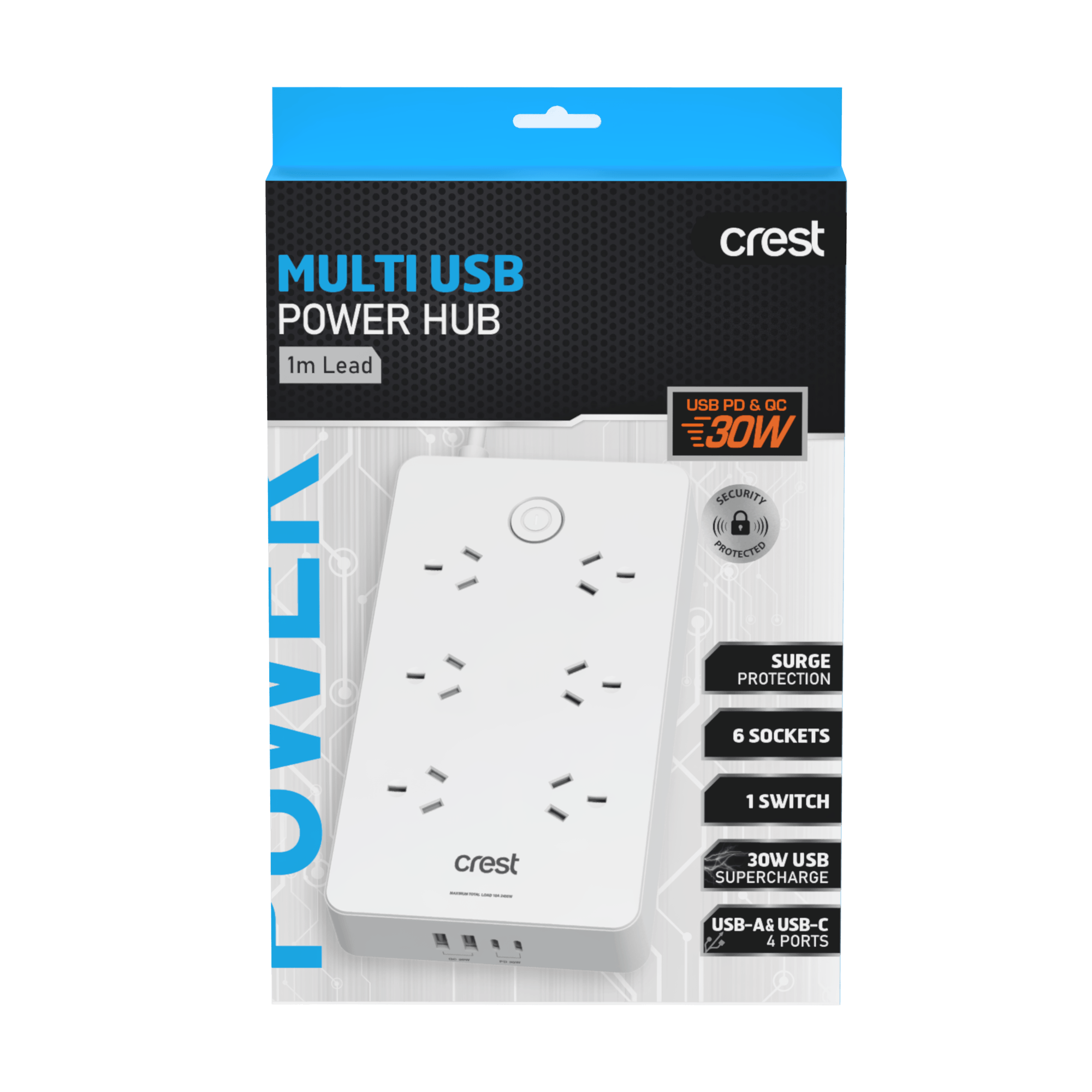 PD 30W Power Hub 6 Sockets Master Switch with 4 USB Ports & Surge Protection