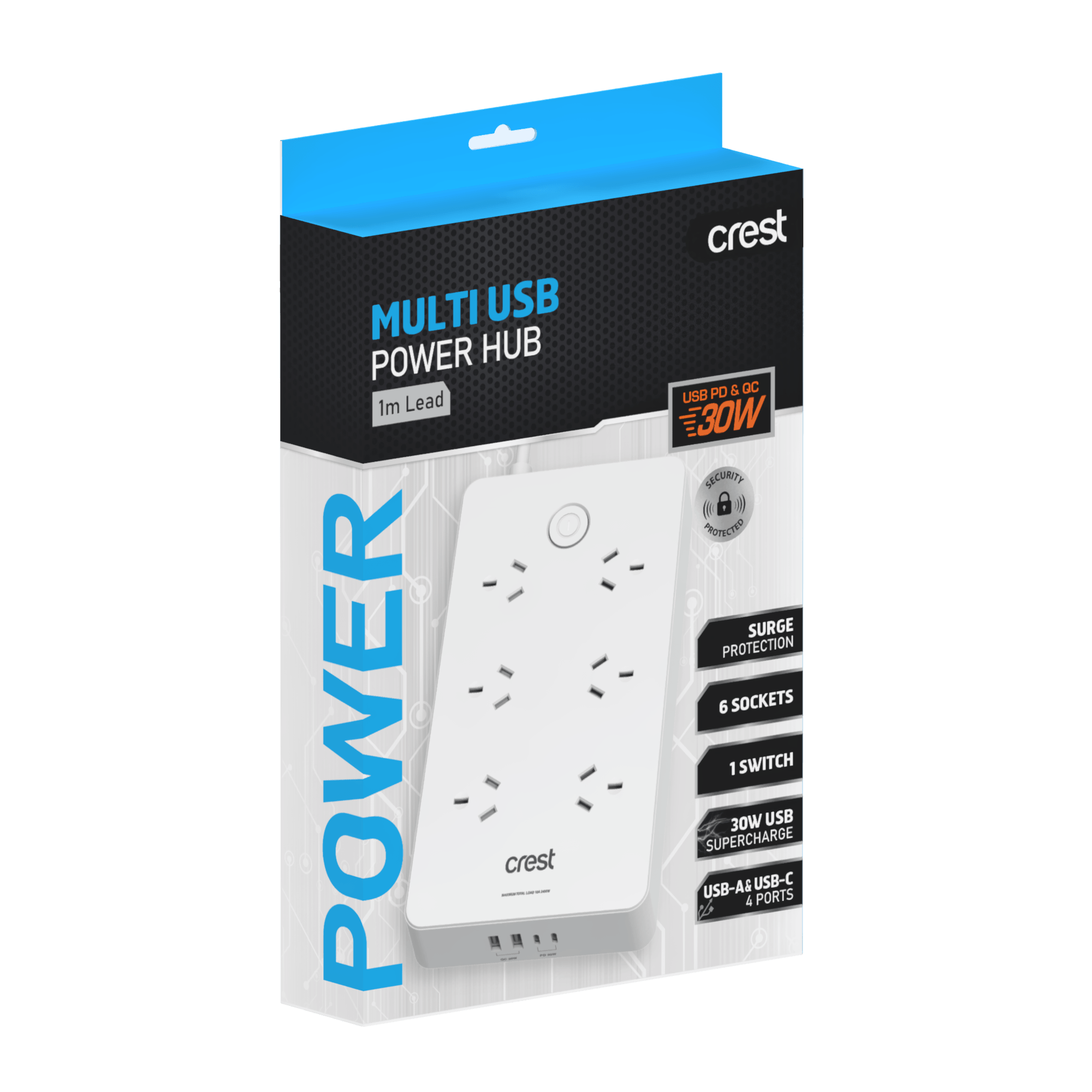 PD 30W Power Hub 6 Sockets Master Switch with 4 USB Ports & Surge Protection