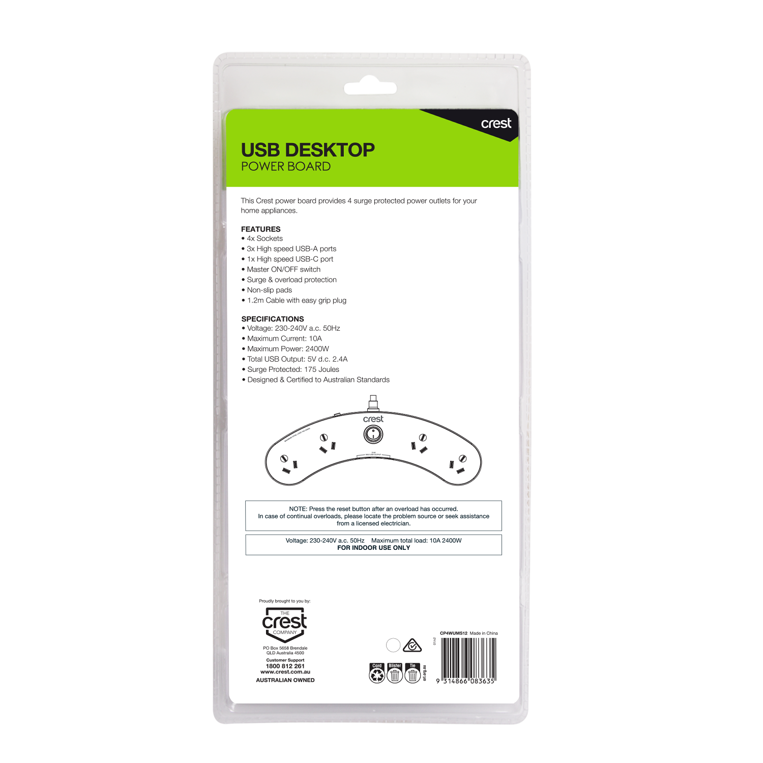 Curved Desktop Power Board 4 Sockets with USB Charging