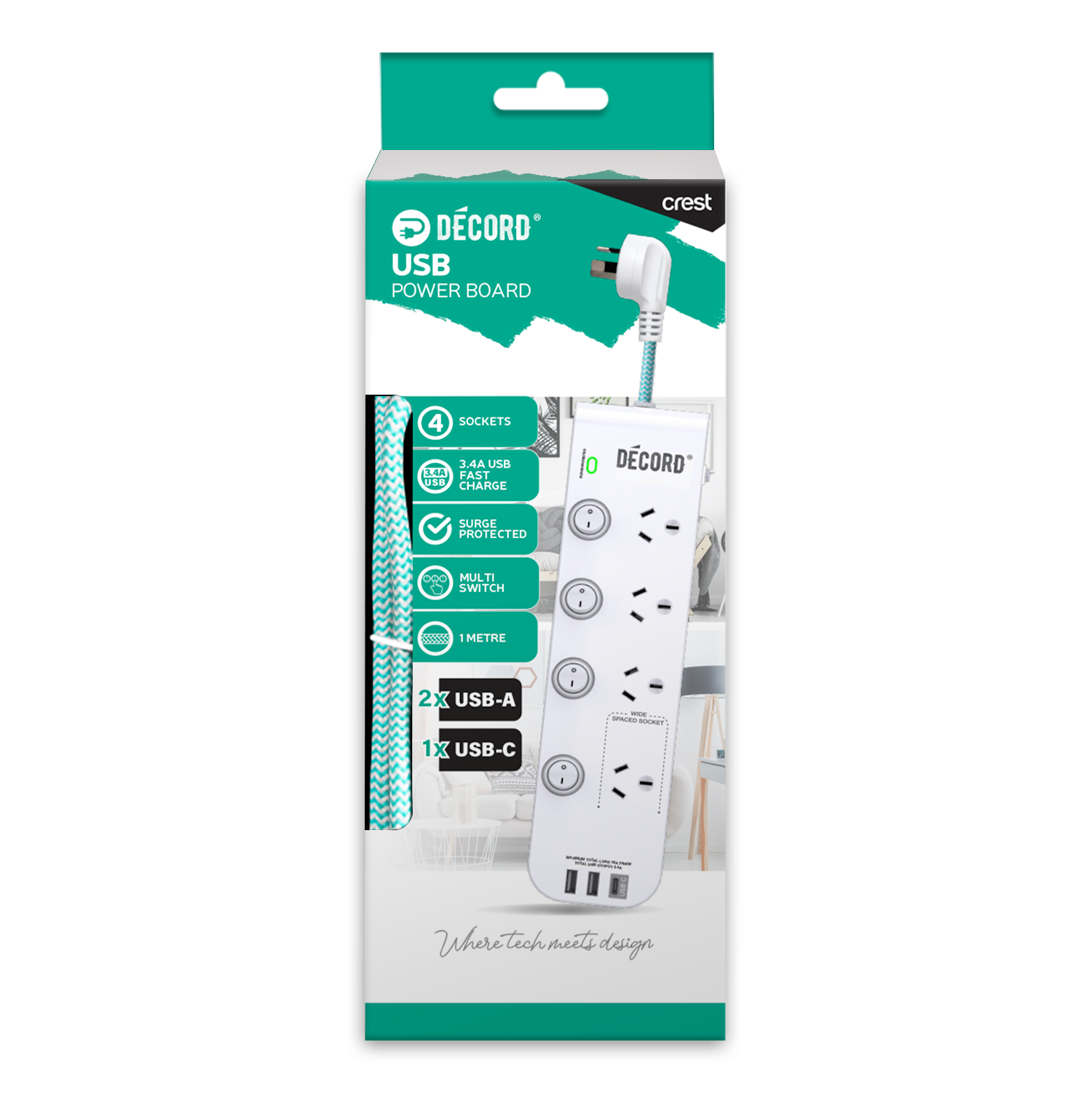 Décord Multi-Use Power Board 4 Sockets with USB Charging