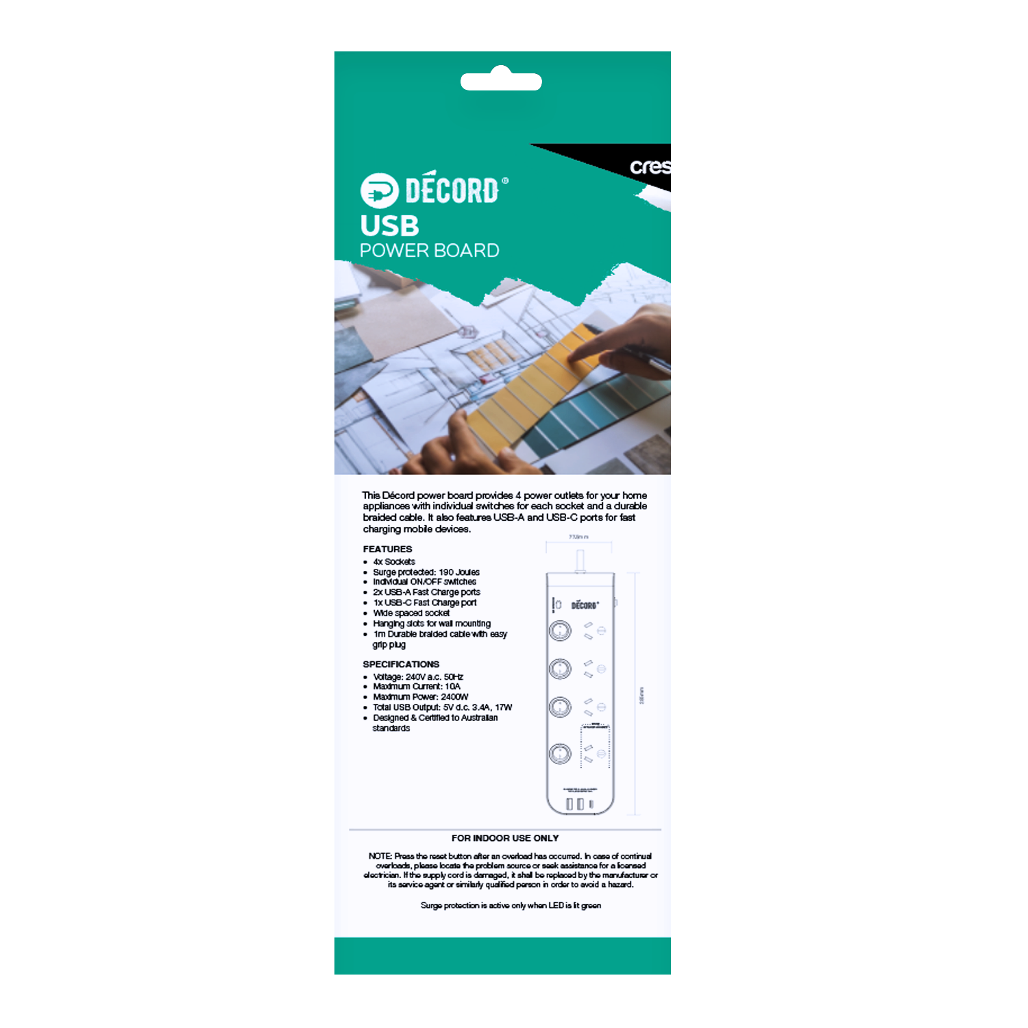 Décord Multi-Use Power Board 4 Sockets with USB Charging