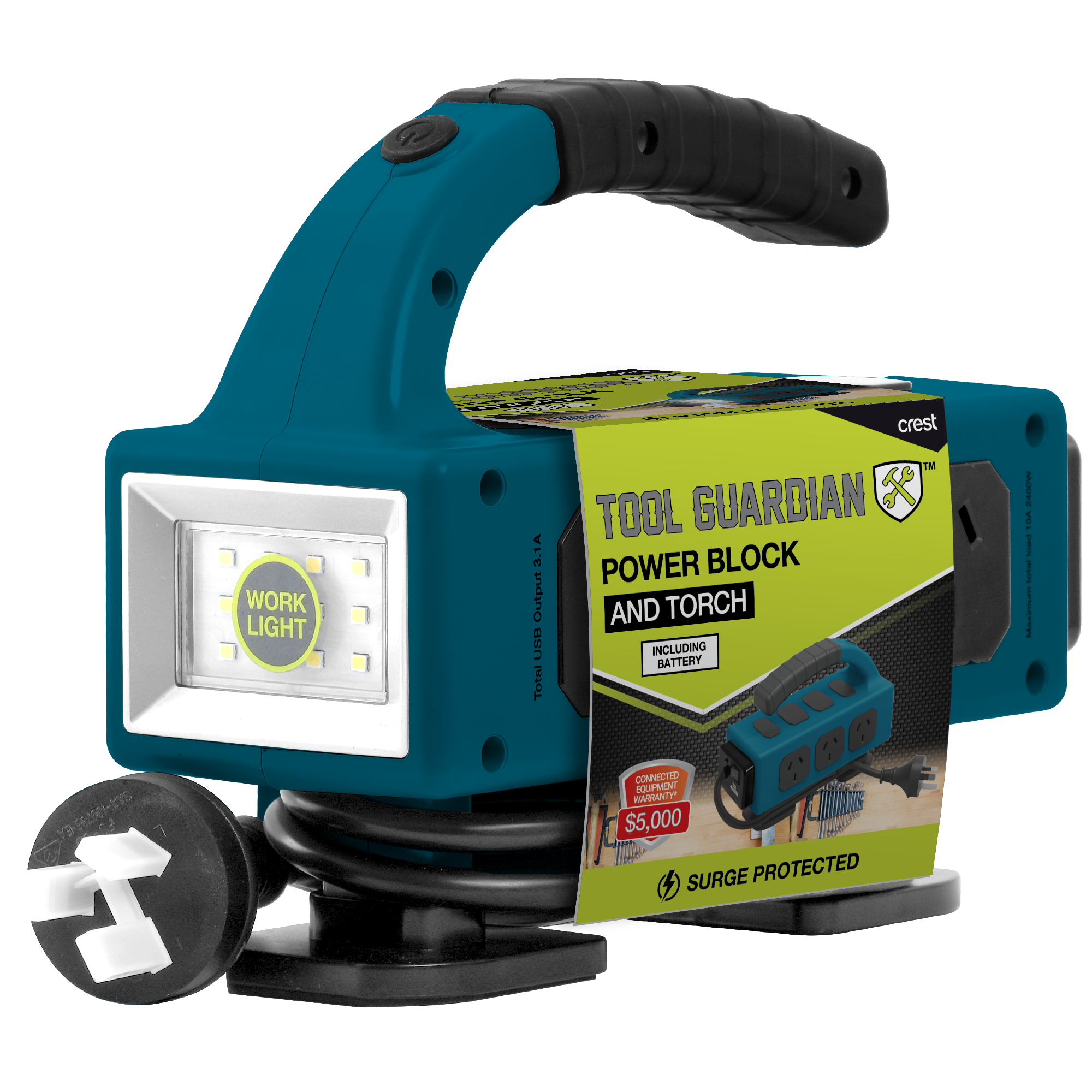 Tool Guardian 5 Socket Power Board with Worklight and USB Charging - Blue