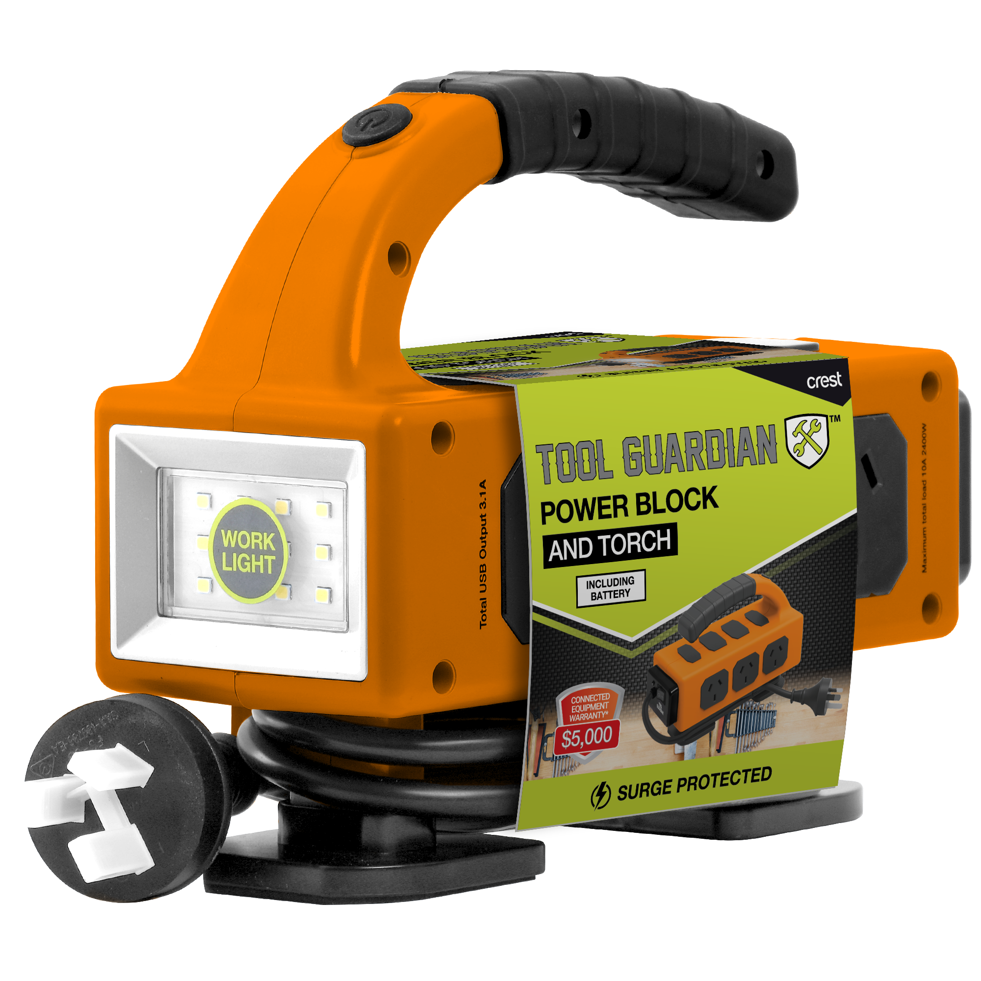 Tool Guardian 5 Socket Power Board with Worklight and USB Charging - Orange