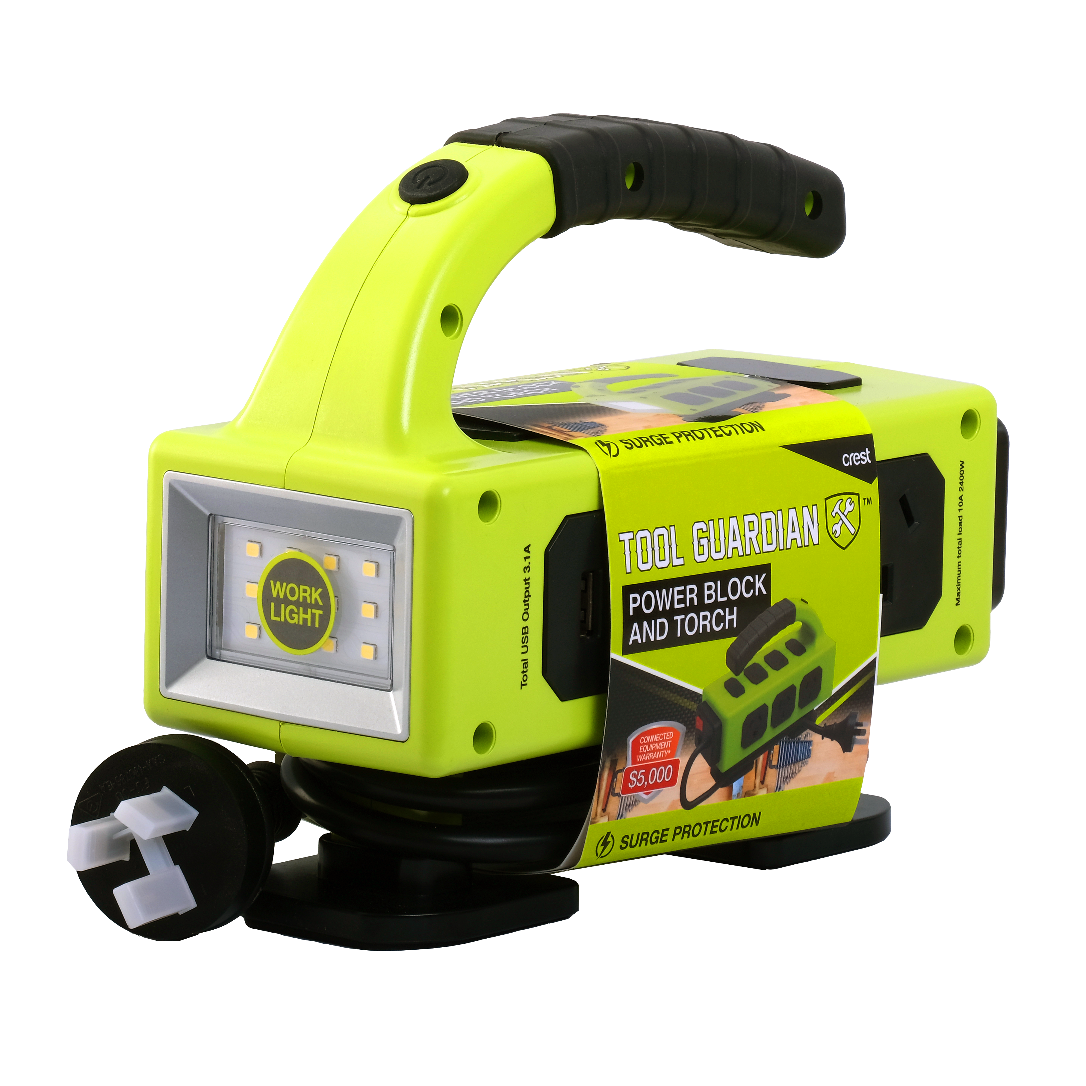 Tool Guardian 5 Socket Power Board with Worklight and USB Charging - Green