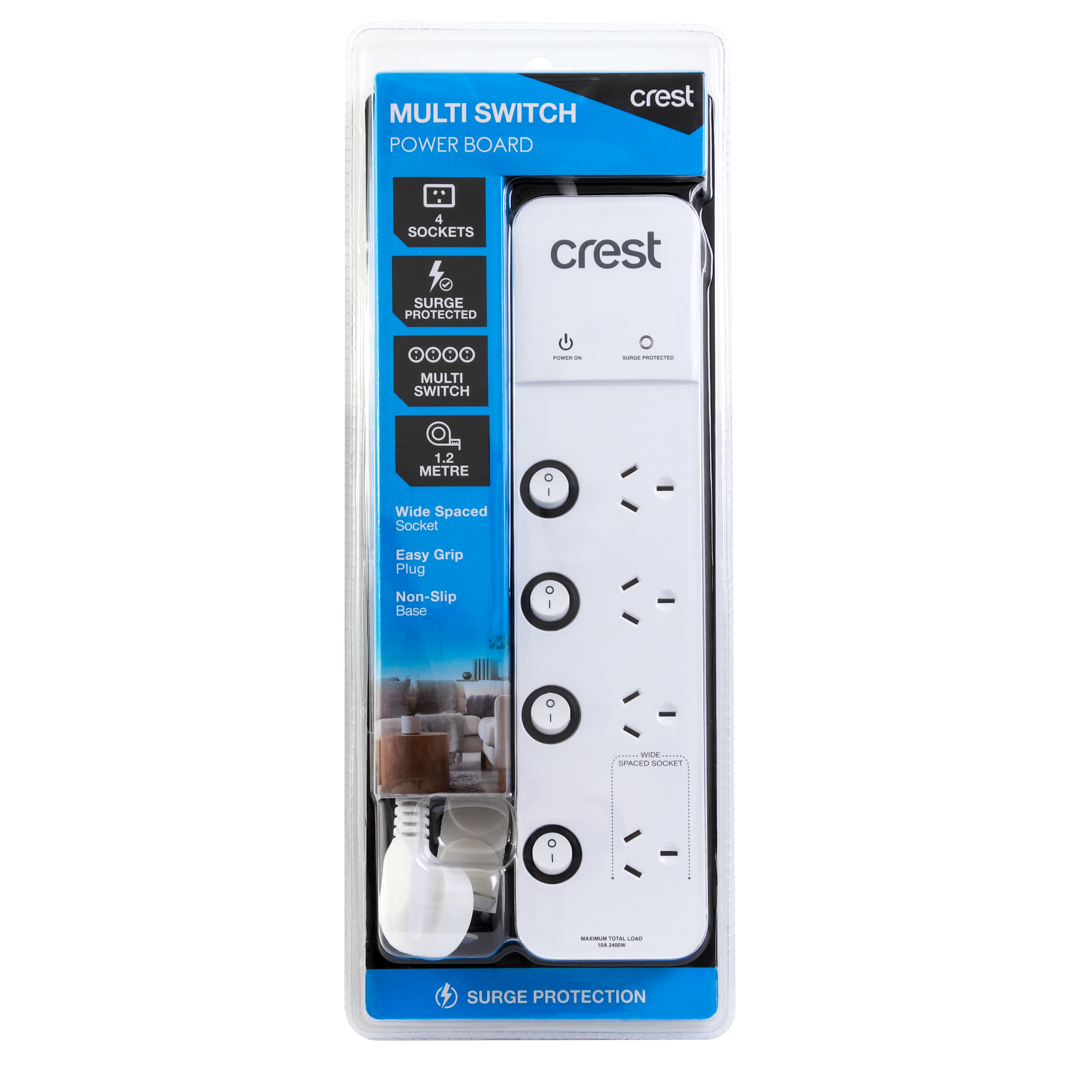 Power Board 4 Sockets with 4 Switches & Surge Protection