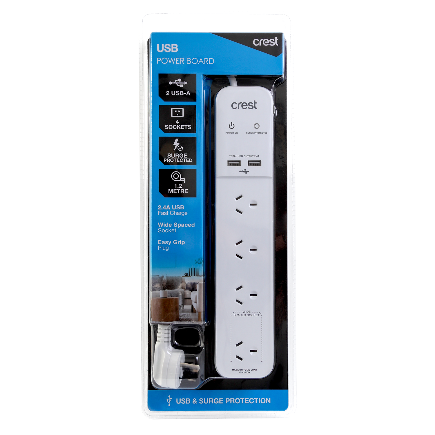 Power Board 4 Sockets with 2 USB Ports & Surge Protection